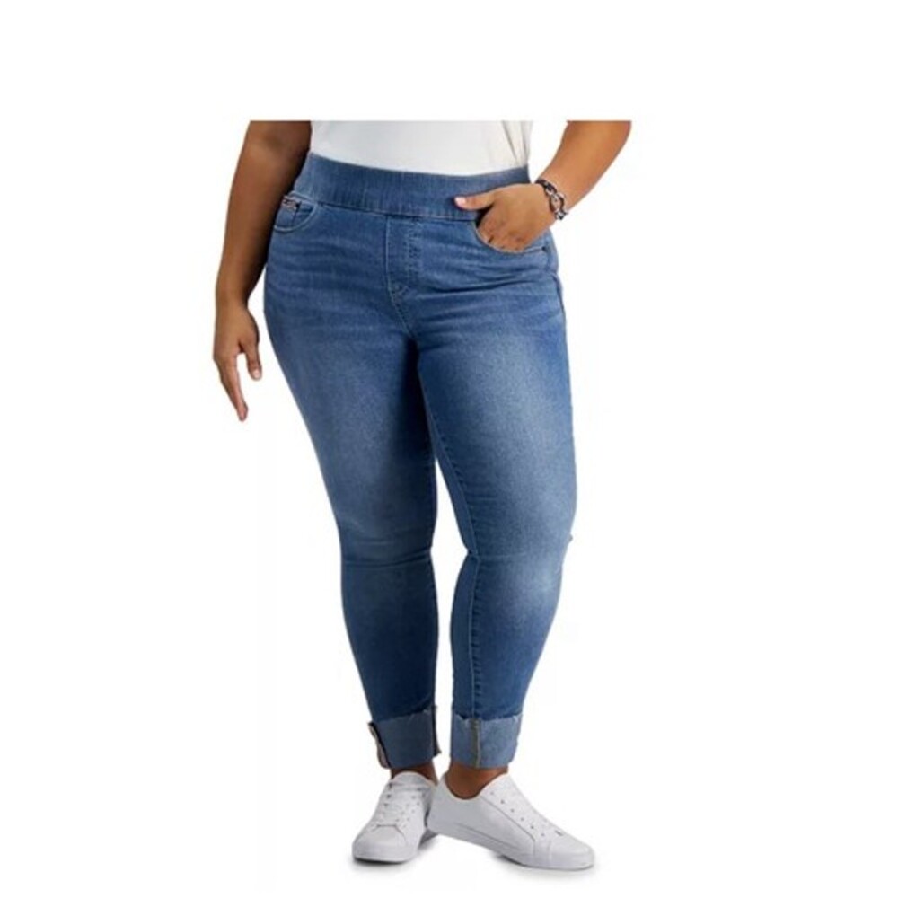 NWT Womens Blue High Waist Skinny Jeans Elastic Waistband Cuffed Hem Size 16W